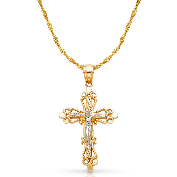 14K Gold Crucifix Charm Pendant with 1.2mm Singapore Chain Necklace