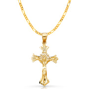 14K Gold Crucifix Charm Pendant with 2.3mm Figaro 3+1 Chain Necklace