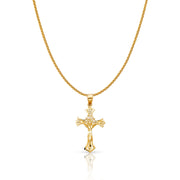 14K Gold Crucifix Charm Pendant with 1.1mm Wheat Chain Necklace