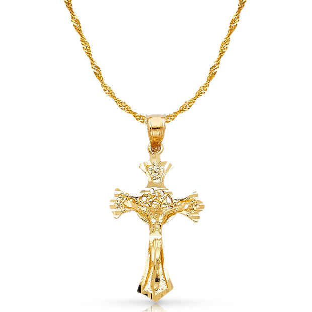 14K Gold Crucifix Charm Pendant with 1.2mm Singapore Chain Necklace