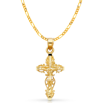 14K Gold Crucifix Charm Pendant with 2.3mm Figaro 3+1 Chain Necklace