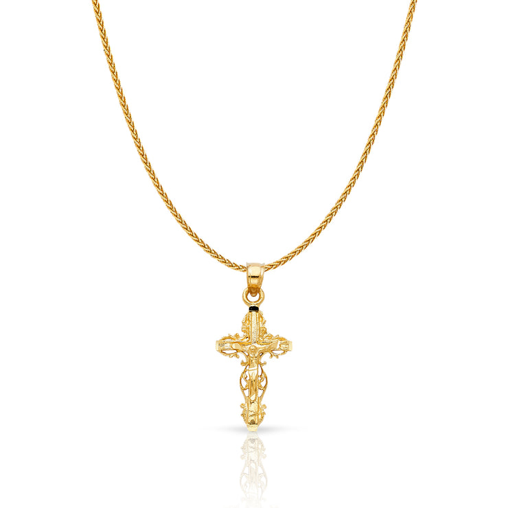 14K Gold Crucifix Charm Pendant with 1.1mm Wheat Chain Necklace