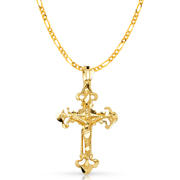 14K Gold Crucifix Charm Pendant with 2.3mm Figaro 3+1 Chain Necklace