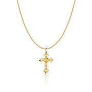 14K Gold Crucifix Charm Pendant with 0.9mm Wheat Chain Necklace