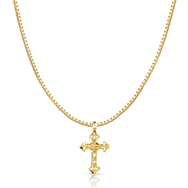 14K Gold Religious Crucifix Charm Pendant with 1.2mm Box Chain Necklace