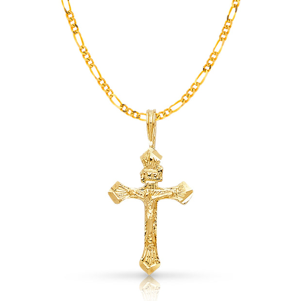 14K Gold Crucifix Charm Pendant with 2mm Figaro 3+1 Chain Necklace