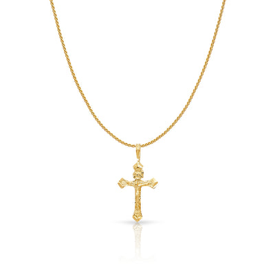 14K Gold Crucifix Charm Pendant with 0.9mm Wheat Chain Necklace