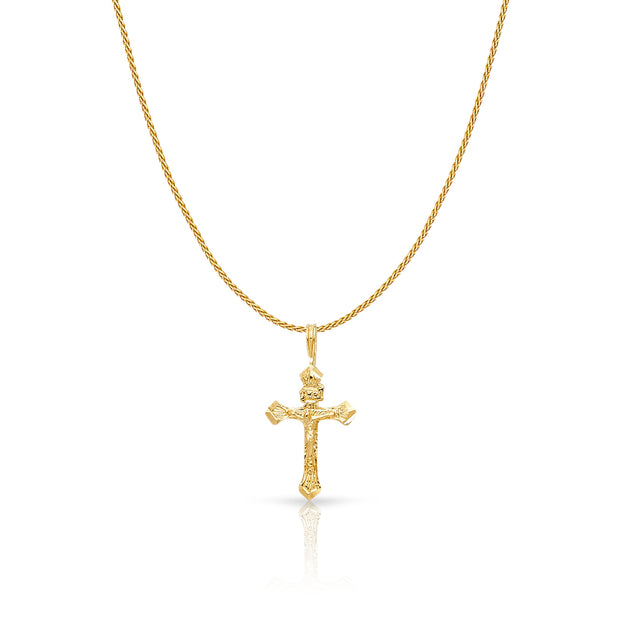 14K Gold Crucifix Charm Pendant with 0.9mm Wheat Chain Necklace