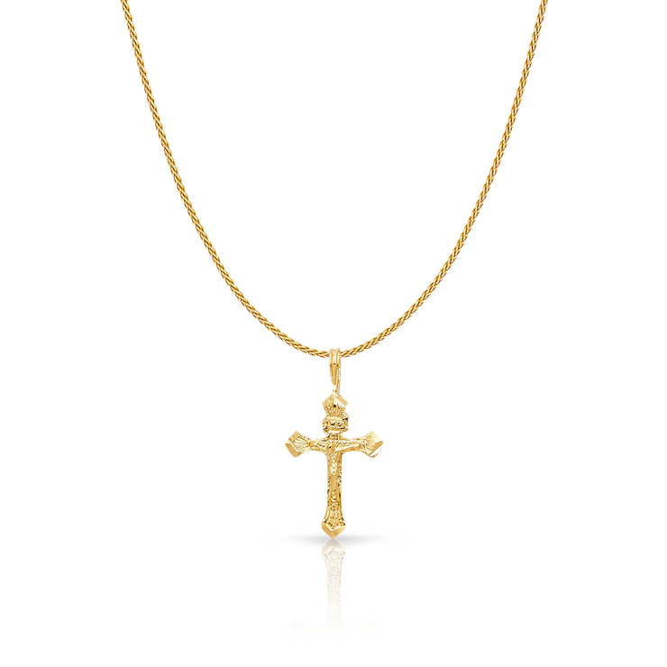 14K Gold Crucifix Charm Pendant with 0.9mm Wheat Chain Necklace