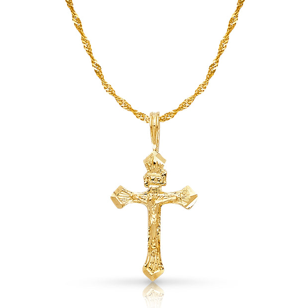 14K Gold Crucifix Charm Pendant with 1.2mm Singapore Chain Necklace