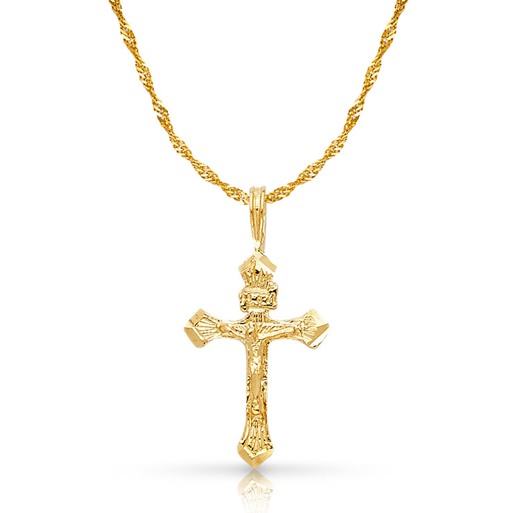 14K Gold Crucifix Charm Pendant with 1.2mm Singapore Chain Necklace