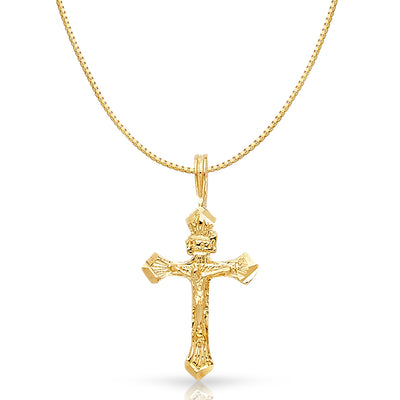 14K Gold Religious Crucifix Charm Pendant with 0.8mm Box Chain Necklace