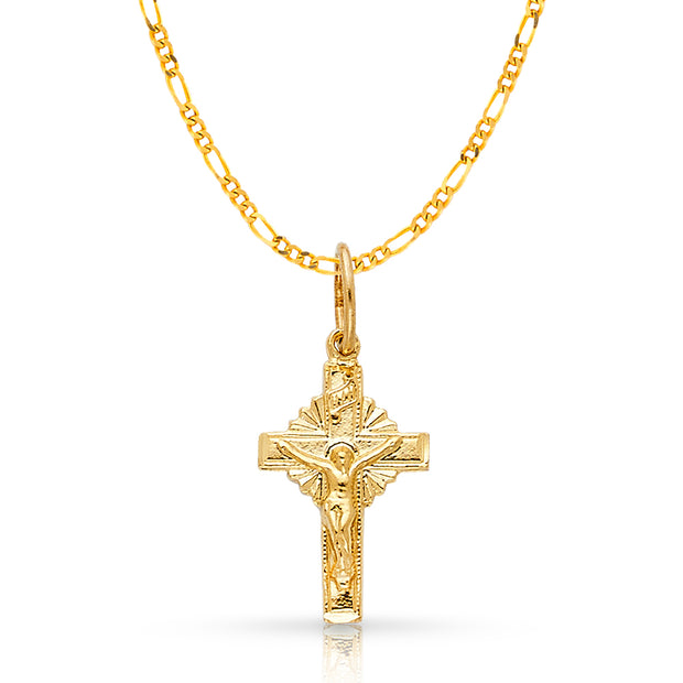 14K Gold Crucifix Charm Pendant with 2mm Figaro 3+1 Chain Necklace