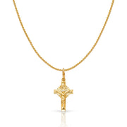 14K Gold Crucifix Charm Pendant with 0.9mm Wheat Chain Necklace