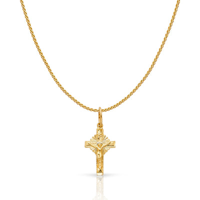 14K Gold Crucifix Charm Pendant with 0.9mm Wheat Chain Necklace