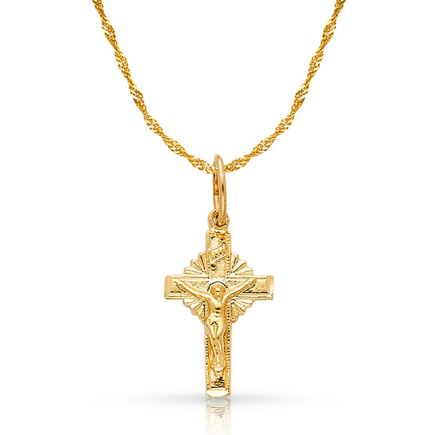 14K Gold Crucifix Charm Pendant with 1.2mm Singapore Chain Necklace