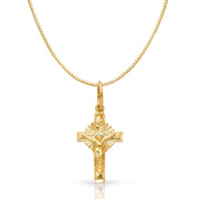 14K Gold Religious Crucifix Charm Pendant with 0.8mm Box Chain Necklace