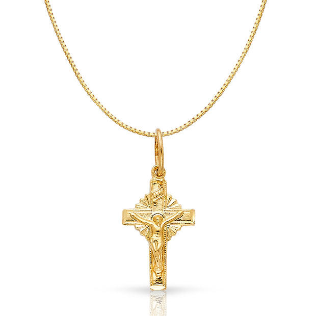 14K Gold Religious Crucifix Charm Pendant with 0.8mm Box Chain Necklace