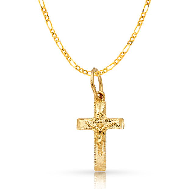 14K Gold Crucifix Charm Pendant with 2mm Figaro 3+1 Chain Necklace