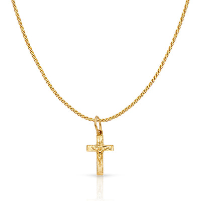 14K Gold Crucifix Charm Pendant with 0.9mm Wheat Chain Necklace