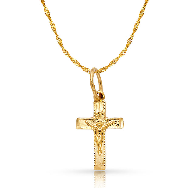 14K Gold Crucifix Charm Pendant with 1.2mm Singapore Chain Necklace