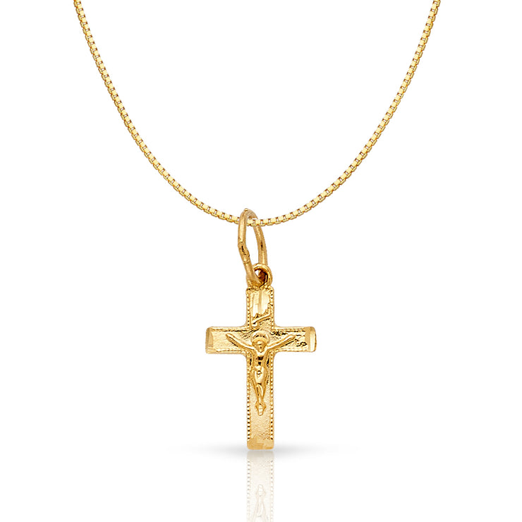 14K Gold Religious Crucifix Charm Pendant with 0.8mm Box Chain Necklace