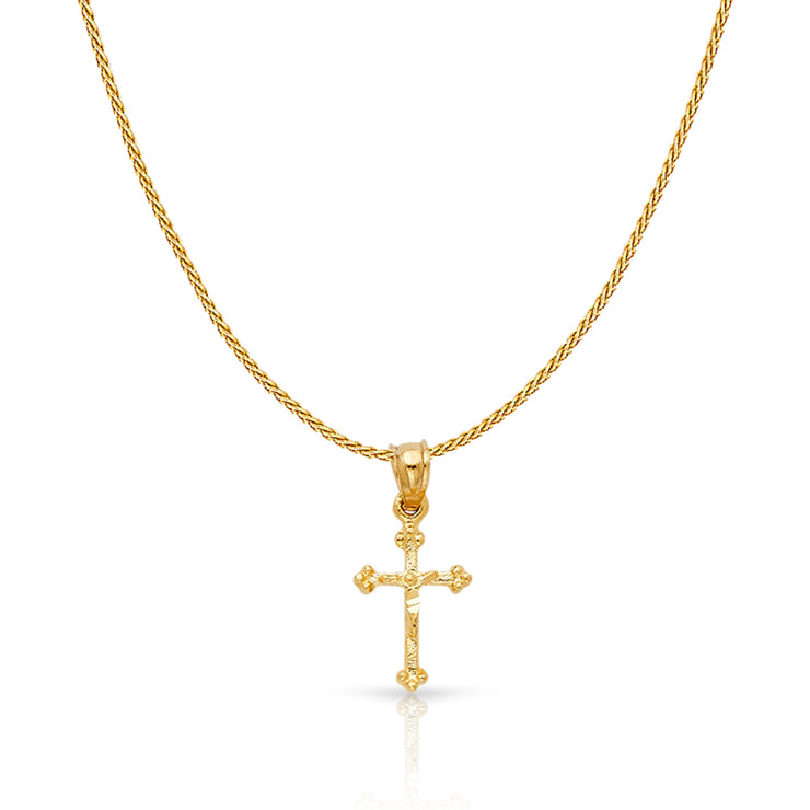 14K Gold Crucifix Charm Pendant with 0.9mm Wheat Chain Necklace