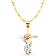 14K Gold Cross with Rose Pendant with 3.1mm Figaro 3+1 Chain