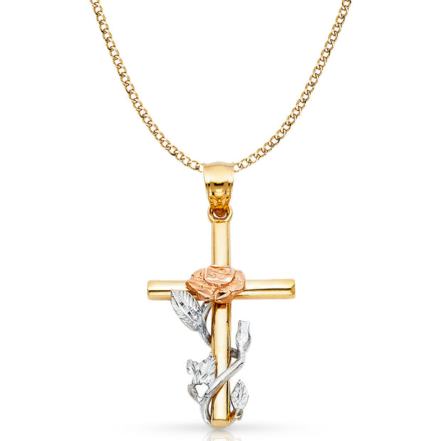 14K Gold Cross with Rose Pendant with 3.4mm Hollow Cuban Chain