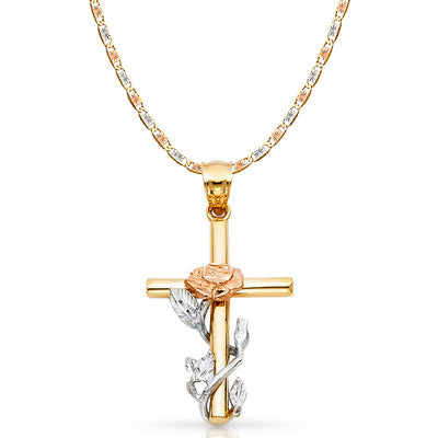 14K Gold Cross with Rose Pendant with 3.3mm Valentino Star Diamond Cut Chain
