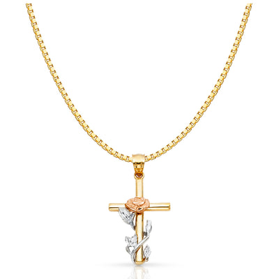 14K Gold Religious Cross withRose Charm Pendant with 1.2mm Box Chain Necklace