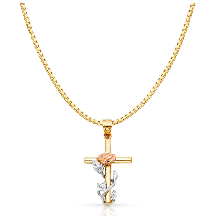 14K Gold Religious Cross withRose Charm Pendant with 1.2mm Box Chain Necklace