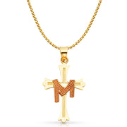 14K Gold Cross Charm Pendant with 1.5mm Flat Open Wheat Chain Necklace