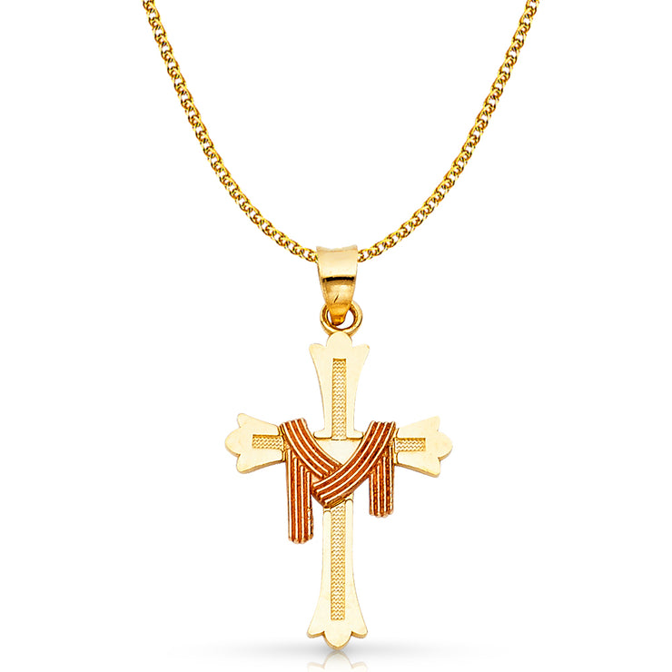 14K Gold Cross Charm Pendant with 1.5mm Flat Open Wheat Chain Necklace