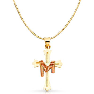 14K Gold Religious Cross Charm Pendant with 0.8mm Box Chain Necklace