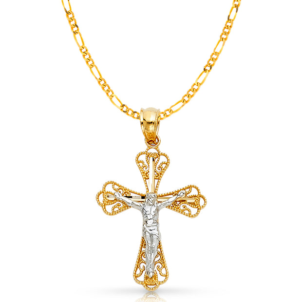 14K Gold Crucifix Charm Pendant with 2.3mm Figaro 3+1 Chain Necklace