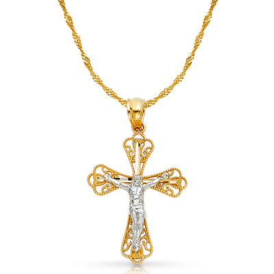 14K Gold Crucifix Charm Pendant with 1.2mm Singapore Chain Necklace