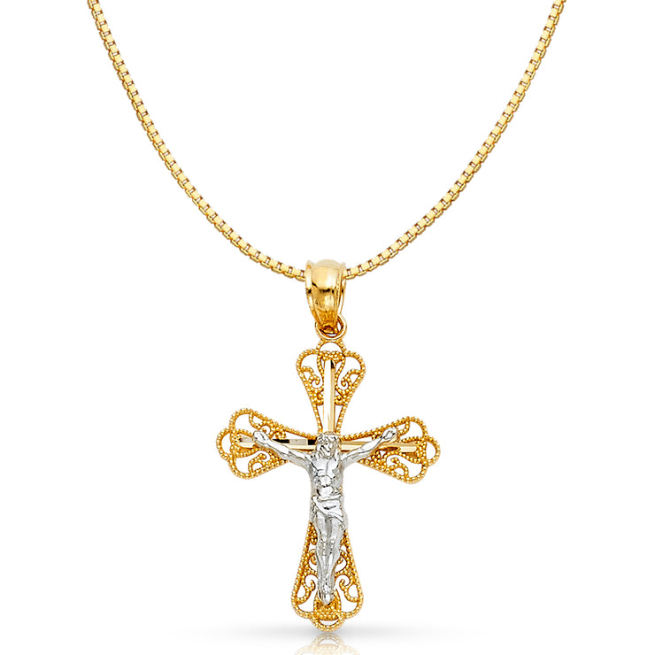 14K Gold Religious Crucifix Charm Pendant with 0.8mm Box Chain Necklace