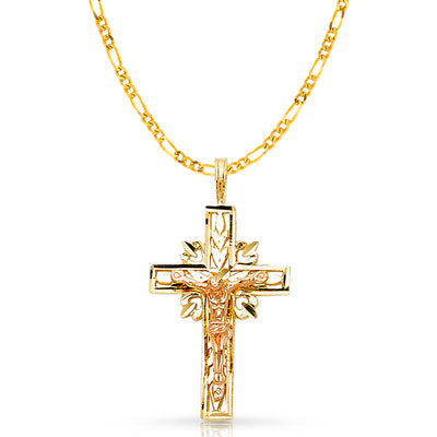 14K Gold Crucifix Charm Pendant with 2.3mm Figaro 3+1 Chain Necklace