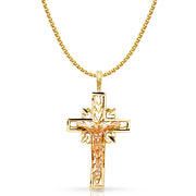 14K Gold Crucifix Charm Pendant with 1.5mm Flat Open Wheat Chain Necklace