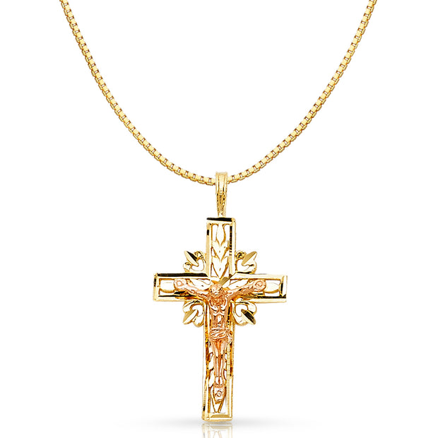 14K Gold Religious Crucifix Charm Pendant with 0.8mm Box Chain Necklace