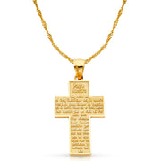 14K Gold Padre Nuestro Cross Charm Pendant with 1.8mm Singapore Chain Necklace