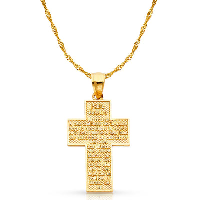 14K Gold Padre Nuestro Cross Charm Pendant with 1.8mm Singapore Chain Necklace