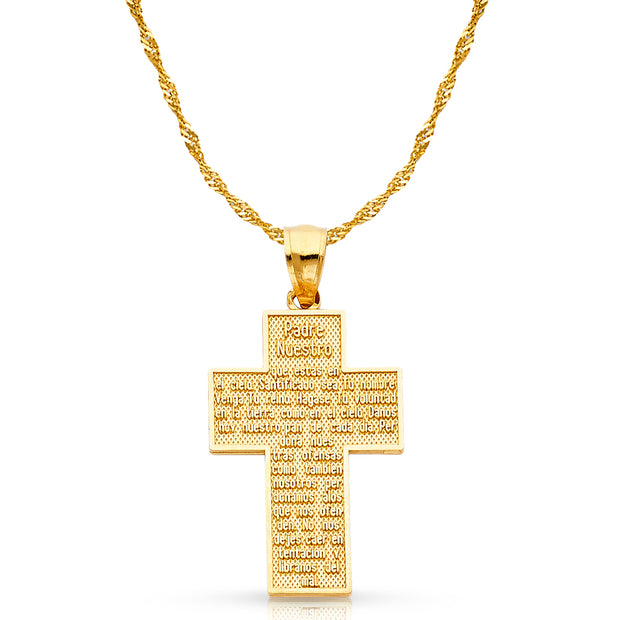 14K Gold Padre Nuestro Cross Charm Pendant with 1.8mm Singapore Chain Necklace