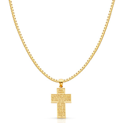 14K Gold Padre Nuestro Religious Cross Charm Pendant with 1.2mm Box Chain Necklace