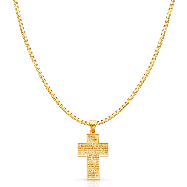 14K Gold Padre Nuestro Religious Cross Charm Pendant with 1.2mm Box Chain Necklace
