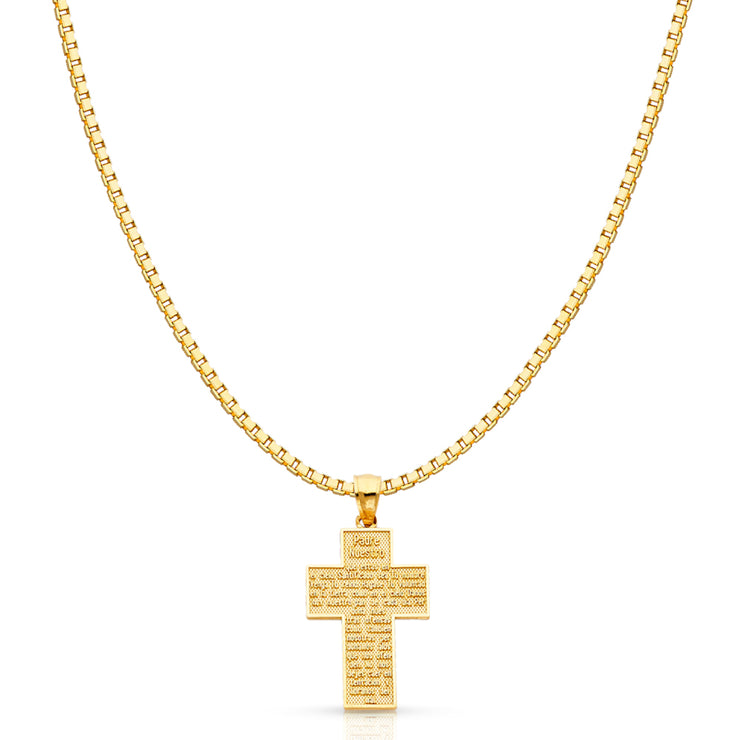 14K Gold Padre Nuestro Religious Cross Charm Pendant with 1.2mm Box Chain Necklace