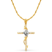 14K Gold CZ Cross with Rose Charm Pendant with 1.8mm Singapore Chain Necklace