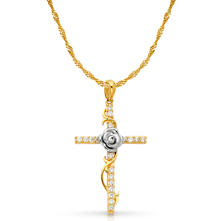 14K Gold CZ Cross with Rose Charm Pendant with 1.8mm Singapore Chain Necklace