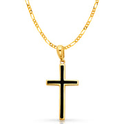 14K Gold Cross with Black Enamel Charm Pendant with 2.3mm Figaro 3+1 Chain Necklace
